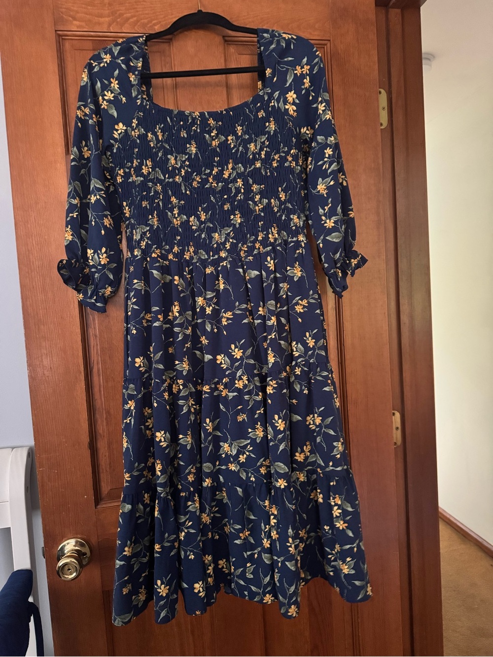 Baltic Born Navy Floral Smocked Midi Dress with Yellow Blossoms XL